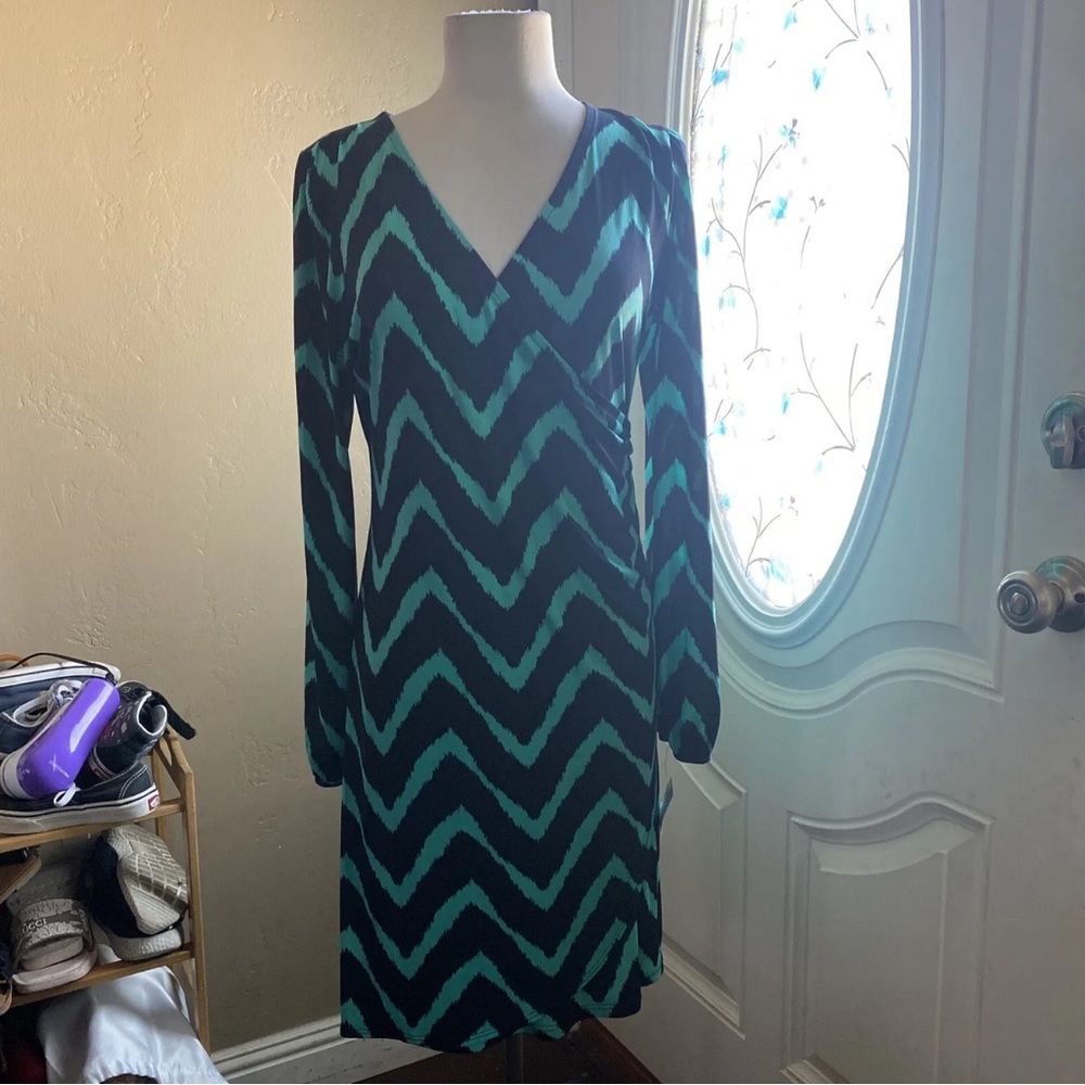 INC Womens Green/Black Long Sleeve V Neck Mini Sheath Dress L